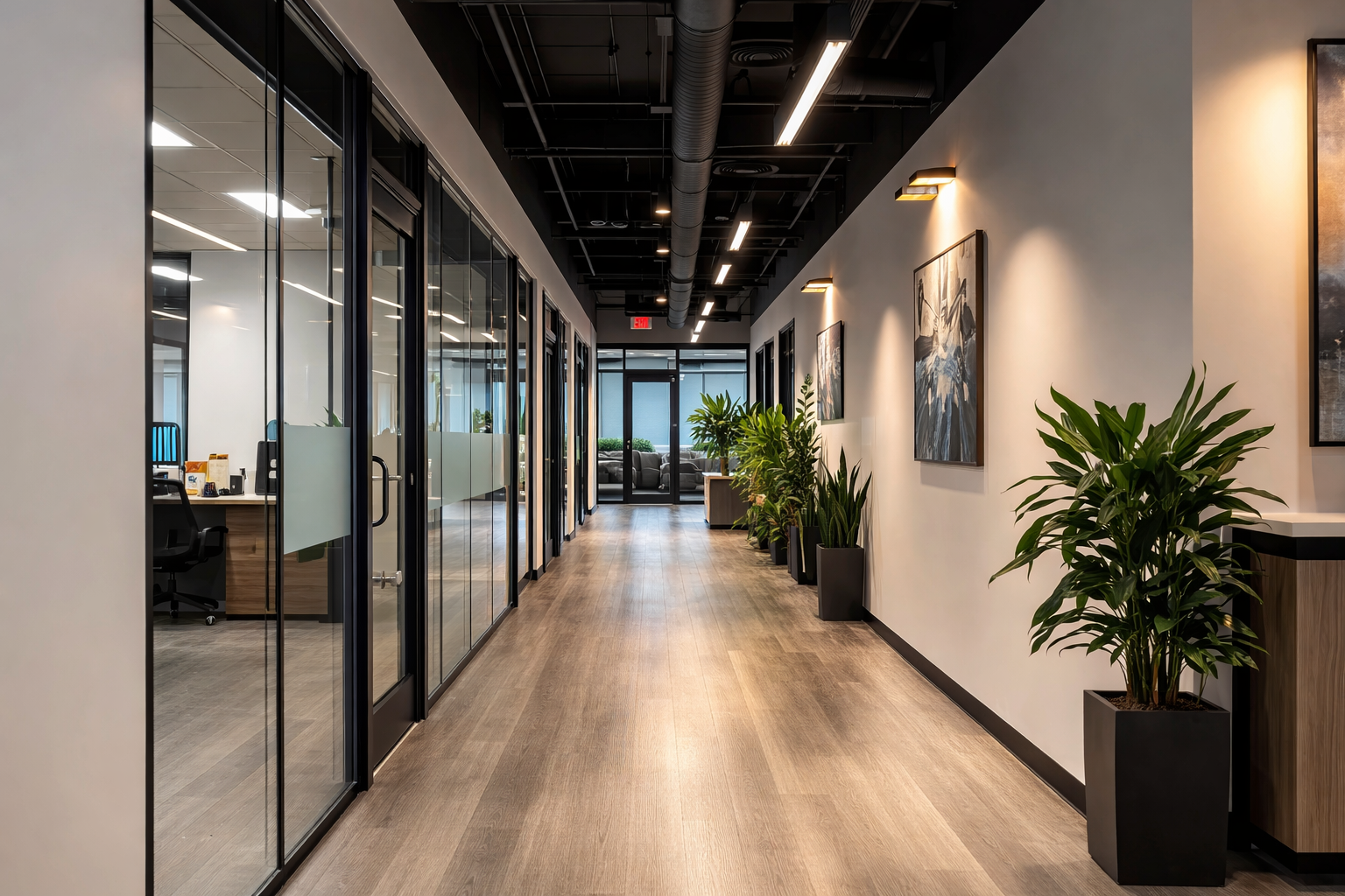 Modern office hallway with glass walls, plants, and office furniture.