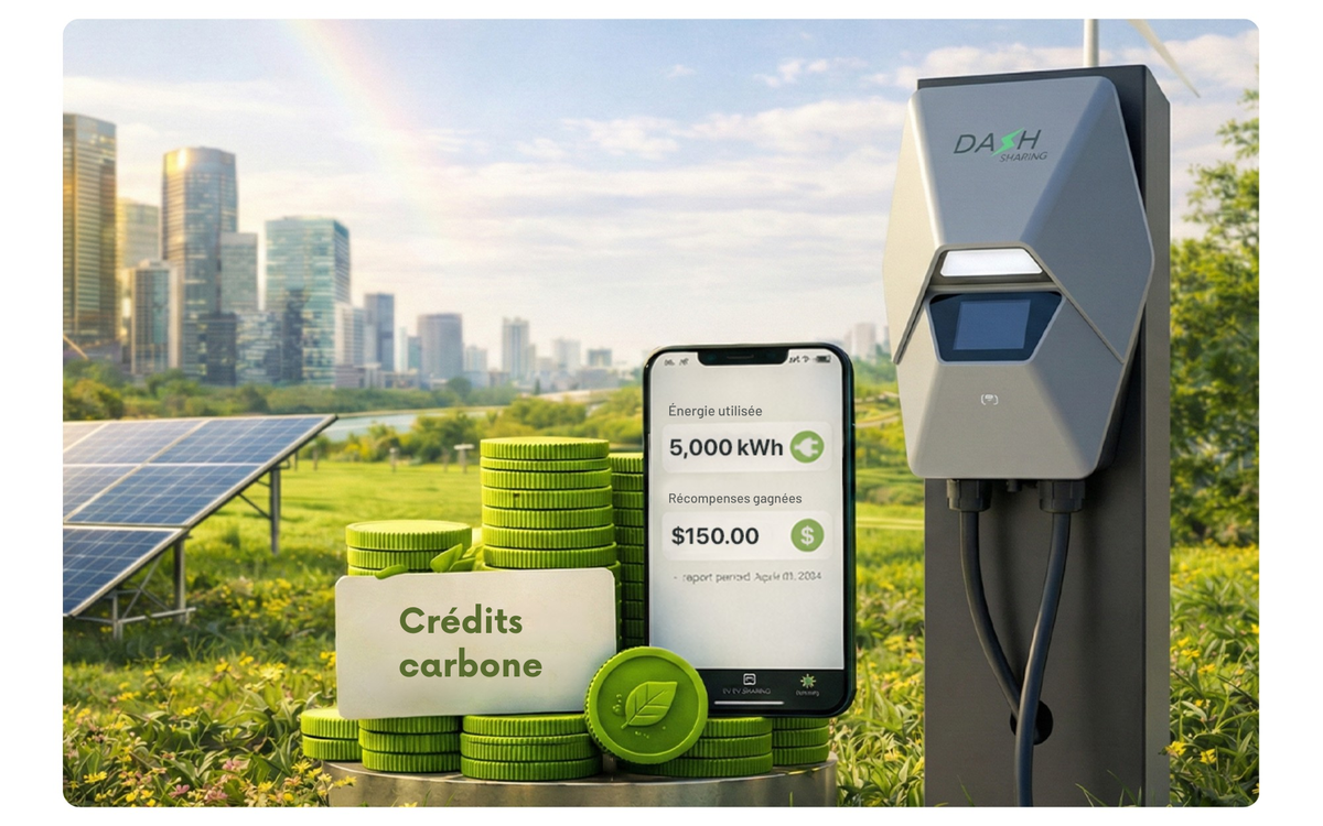 A smart EV charging station setup in a grassy outdoor area with solar panels and a city skyline in the background. The scene includes a smartphone showing energy usage and credit information, a stack of green coins, and a sign reading “Crédits carbone.