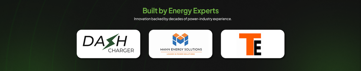 A promotional banner with the text 'Built by Energy Experts' above three brand logos: DASH CHARGER, Mann Energy Solutions, and TE Energy, set against a dark green gradient background.
