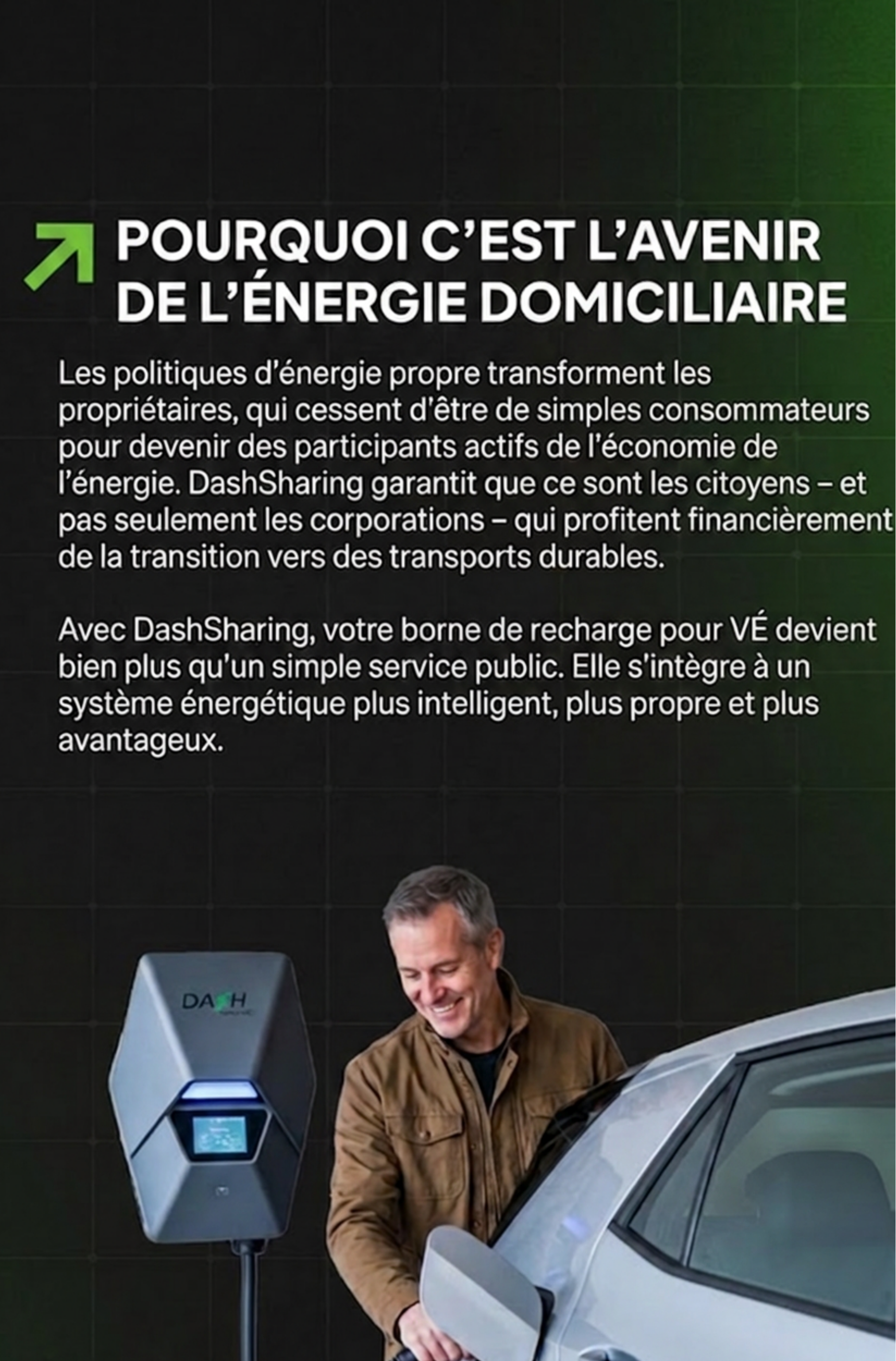 French promotional graphic for DashSharing home energy storage. The top half contains white text on a dark green background explaining the benefits of home energy storage.