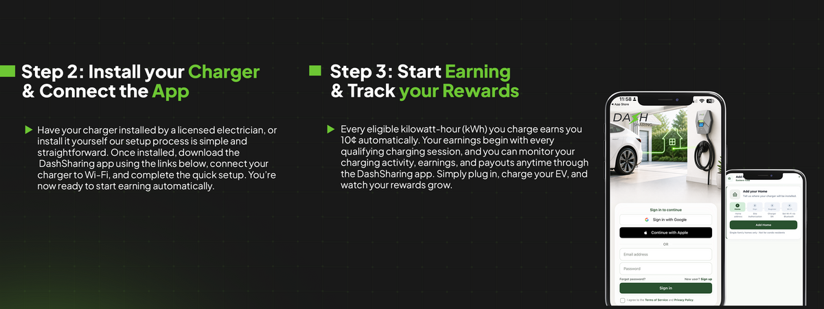 Promotional infographic with text instructions for installing and using a Dashsharing app to earn rewards, alongside smartphone mockups showing the app interface on a dark background.