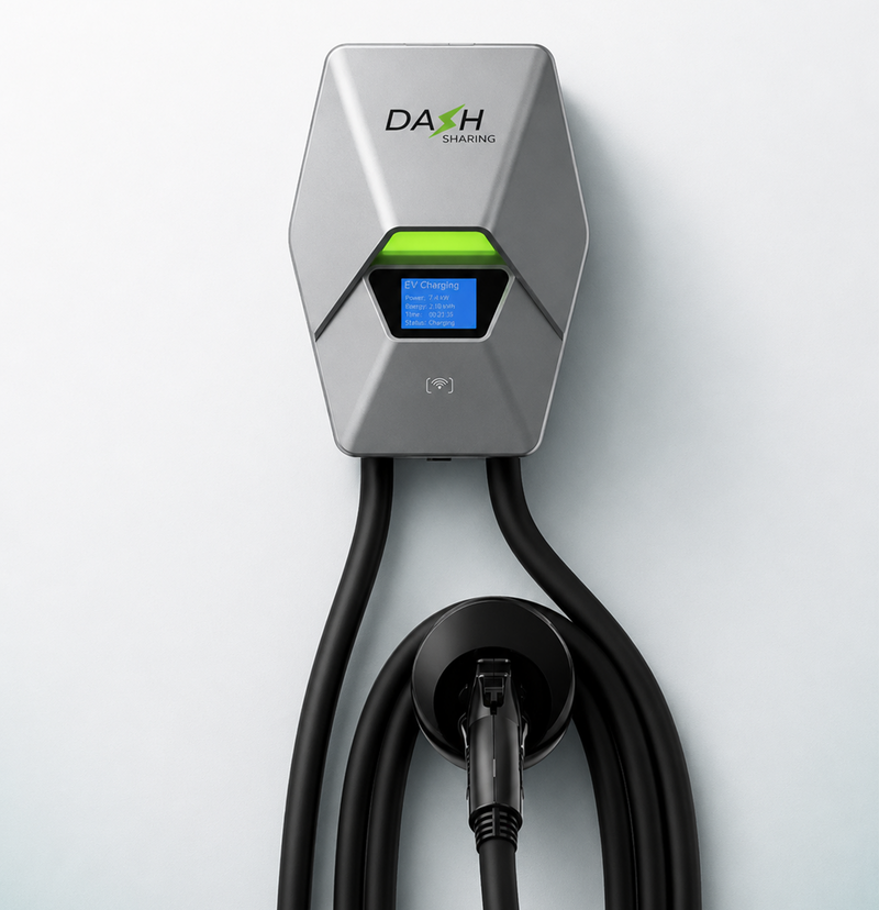 A wall-mounted DASHSharing Charging EV charger unit in metallic gray with a small blue display screen and green accent light, shown with a black charging cable plugged in against a light gray background.
