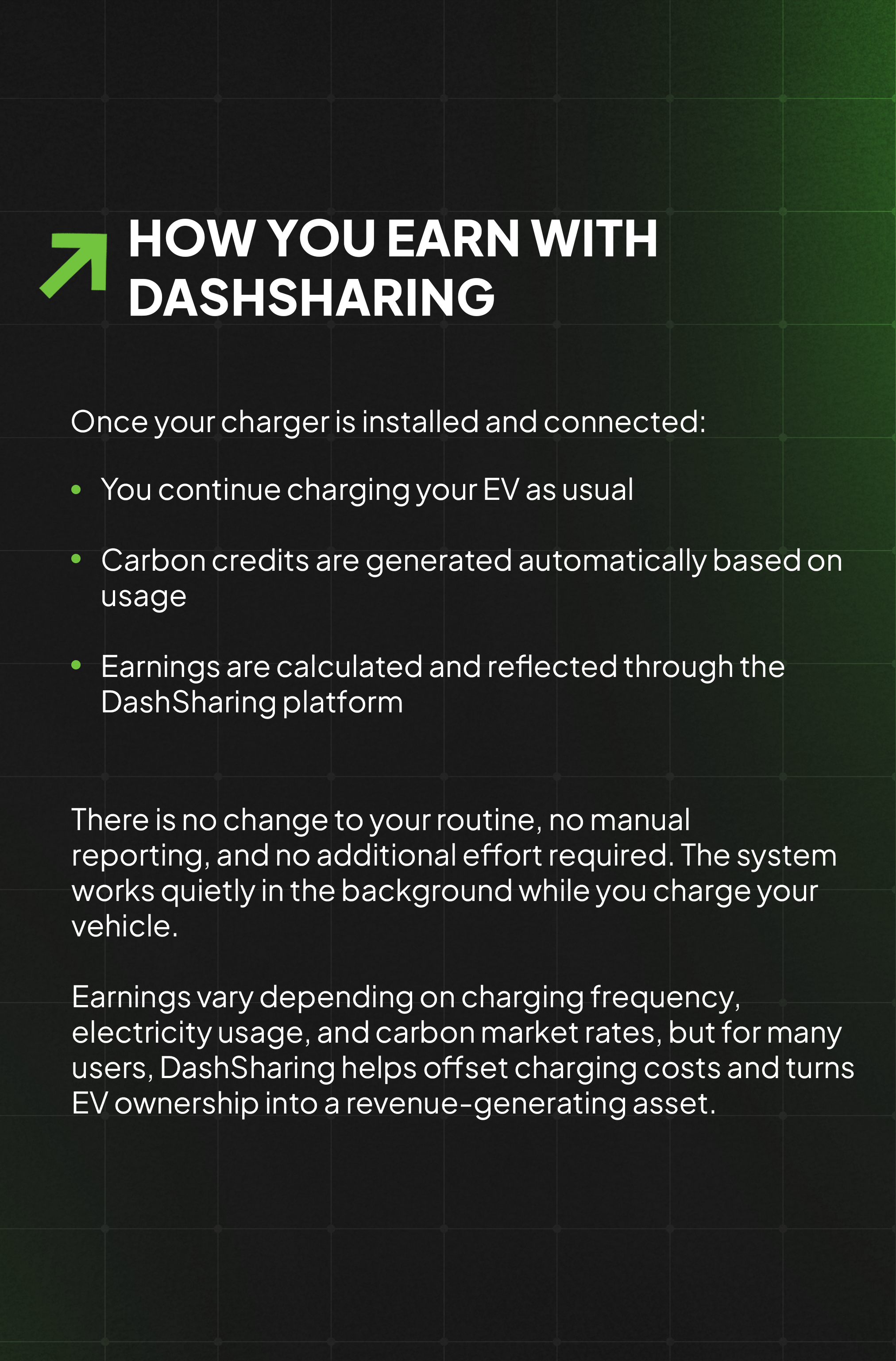 Explanation of DashSharing system on a dark background with green arrow.