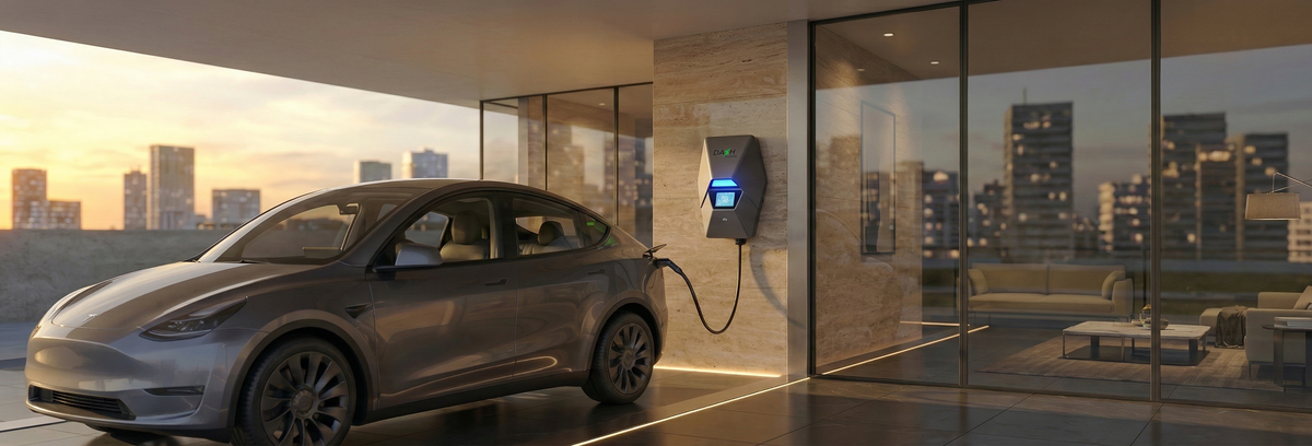 A gray Tesla Model S parked inside a modern glass-walled structure, charging from a wall-mounted charging unit. The scene is set against a city skyline at sunset, with warm golden hour light reflecting off the vehicle and glass walls.