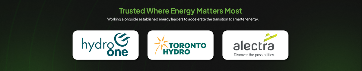 A dark promotional banner with the headline 'Trusted Where Energy Matters Most' above three white logos: hydro one, Toronto Hydro, and alectra.