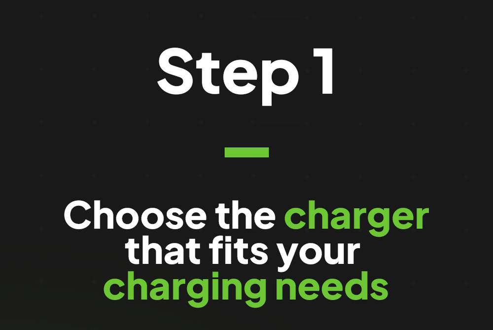 A black informational graphic with white and green text reading 'Step 1 Choose the charger that fits your charging needs'.