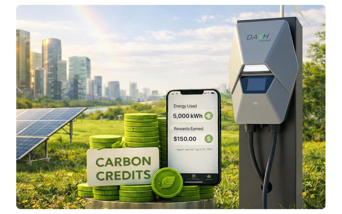 Electric vehicle charging station with smartphone displaying energy usage and rewards, solar panels, and greenery in the background.