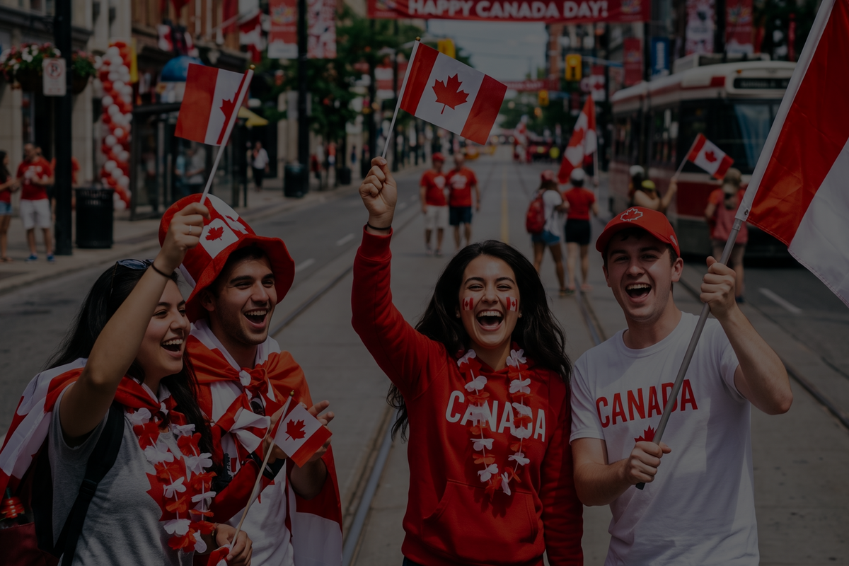Four young people celebrating in a city street with Canadian flags, wearing Canada-themed apparel including a red sweatshirt with 'CANADA' on the front, a white 'CANADA' T-shirt, and red caps. The scene is decorated for Canada Day, with a bus and storefronts visible in the background.